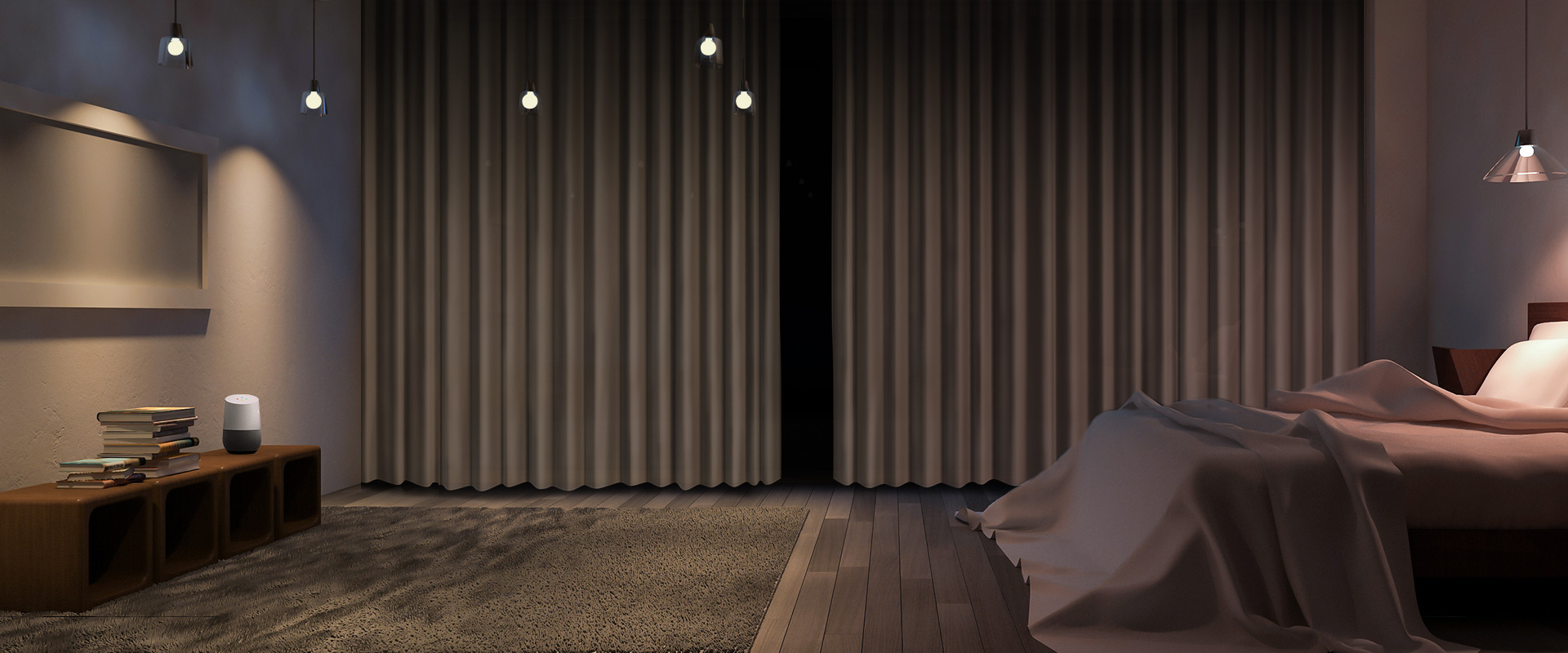 Smart home scene control setting mood lighting, curtains and music together