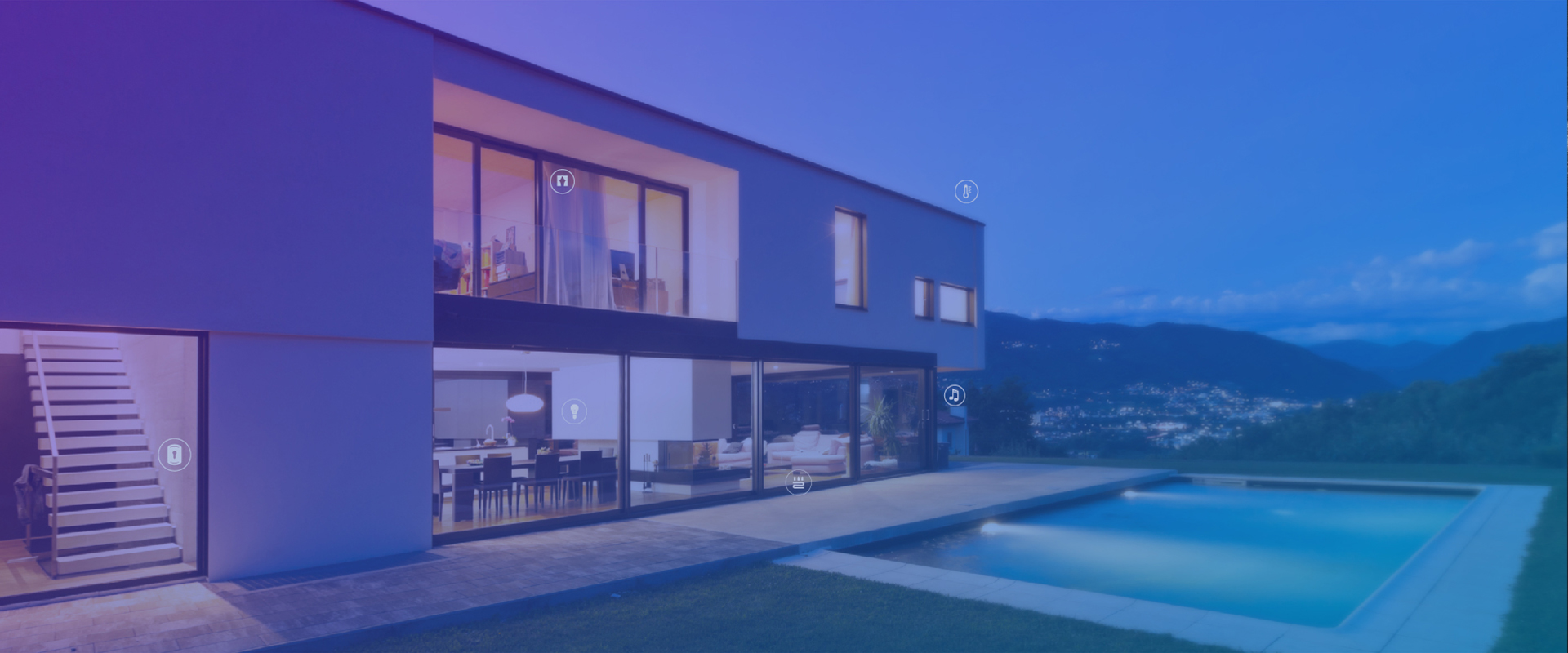 Modern smart home living room with automated lighting and connected devices
