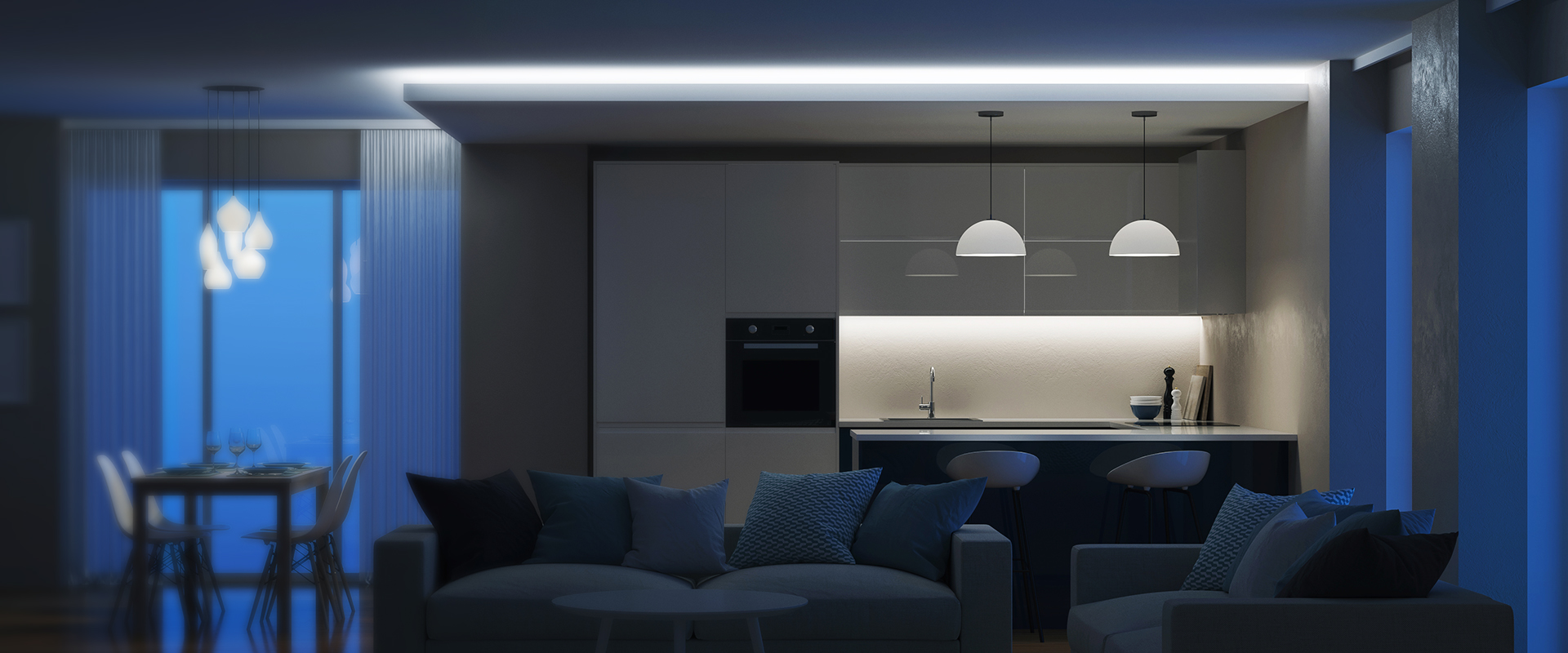 Smart home lighting setup with adjustable brightness and colour temperature